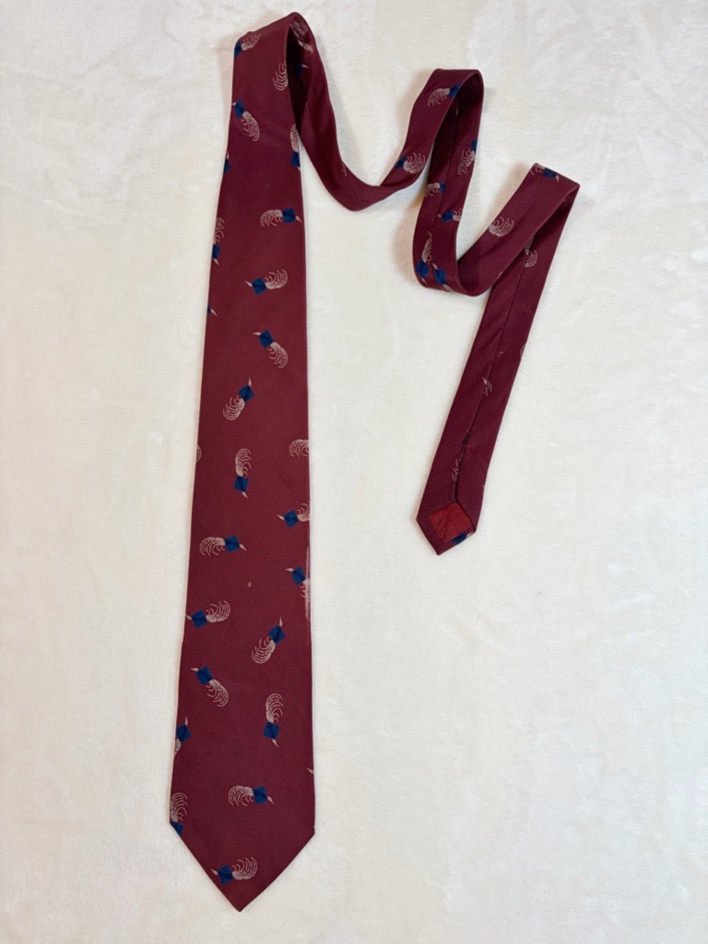 Vintage LDM Burgundy Patterned Men's Tie with Blue Feather Accent